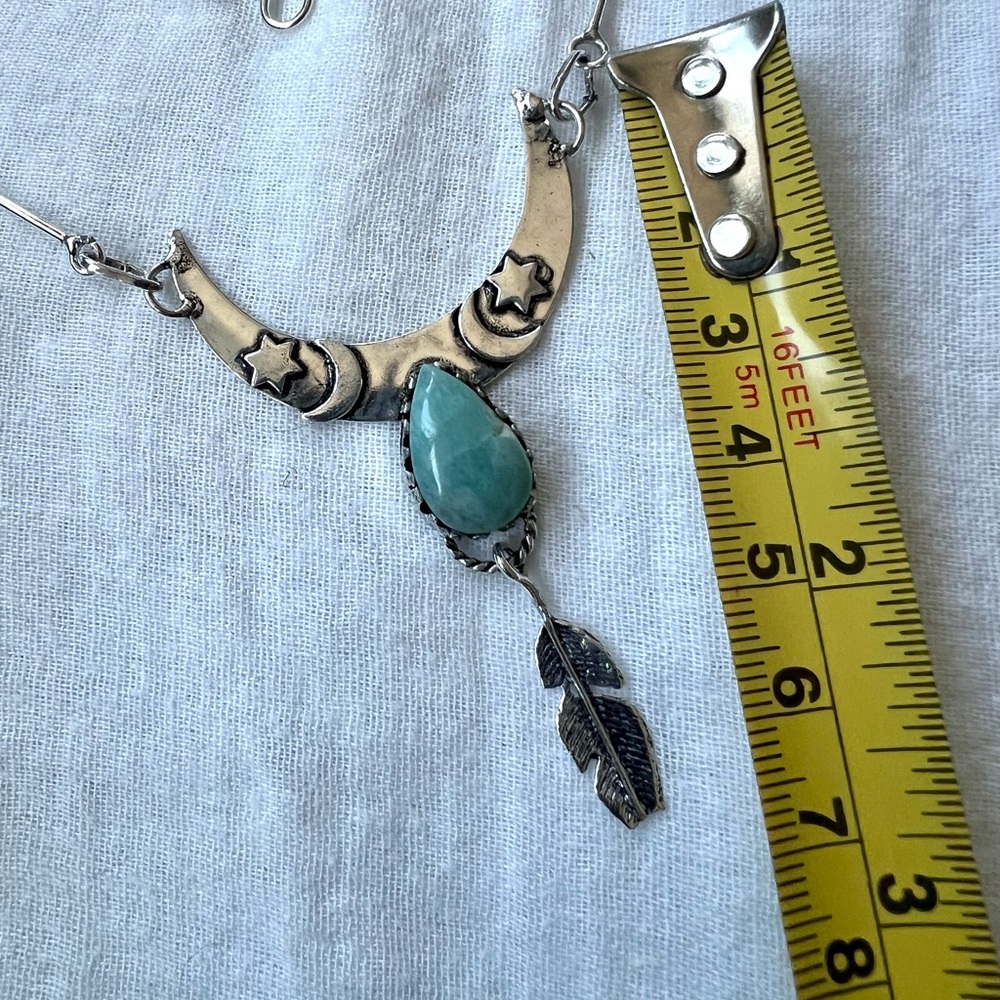 925 Flawed Boho Caribbean Larimar Feather Pendant Necklace - Picture 5 of 10
